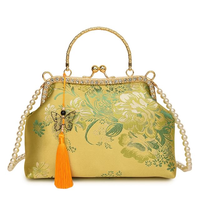 Floral Strap Bag Pearl Lock Kiss Crossbody Tassel Faux Embroidered