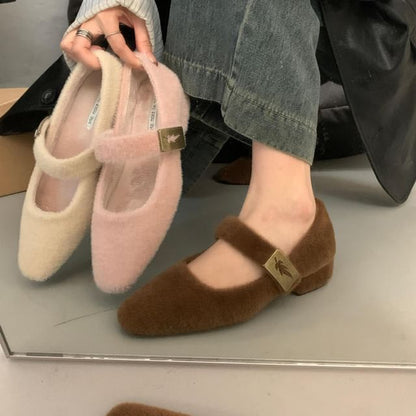 Plain Fleece Chunky Heel Mary Jane Shoes