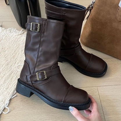 Buckled Faux Leather Mid-Calf Boots