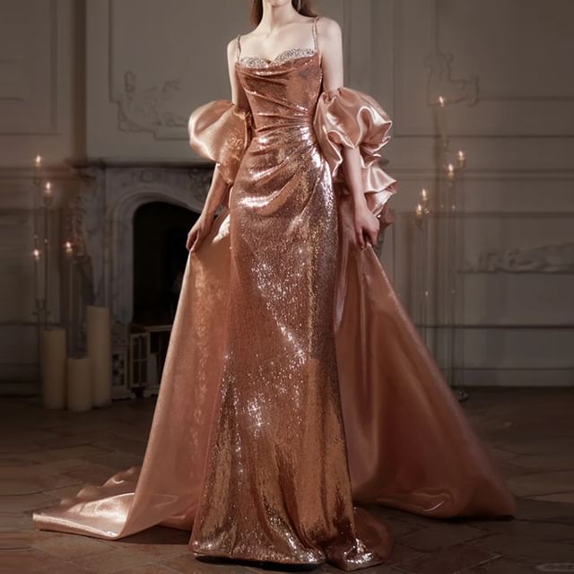 Spaghetti Strap Sequin Ruched Mermaid Evening Gown