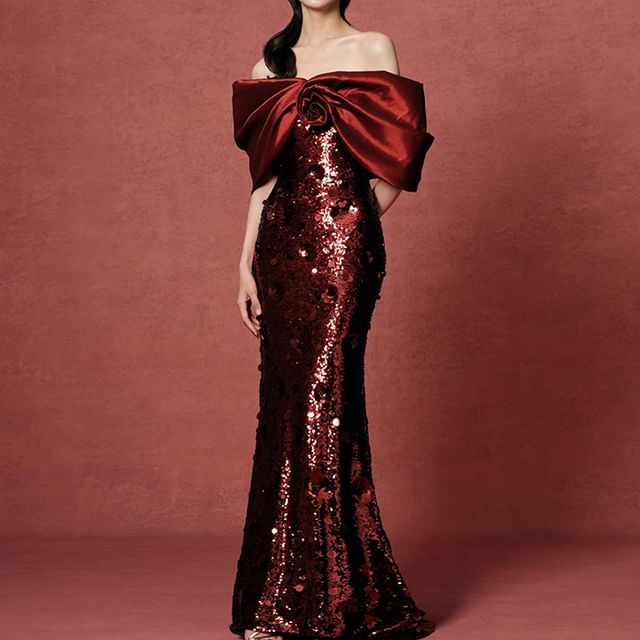 Off-Shoulder Sequin Bow Trumpet Evening Gown