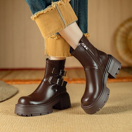 Platform Plain Buckled Zip-Up Genuine Leather Short Boots