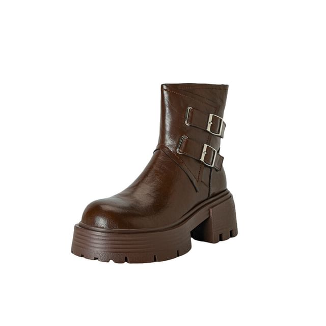 Platform Plain Buckled Zip-Up Genuine Leather Short Boots