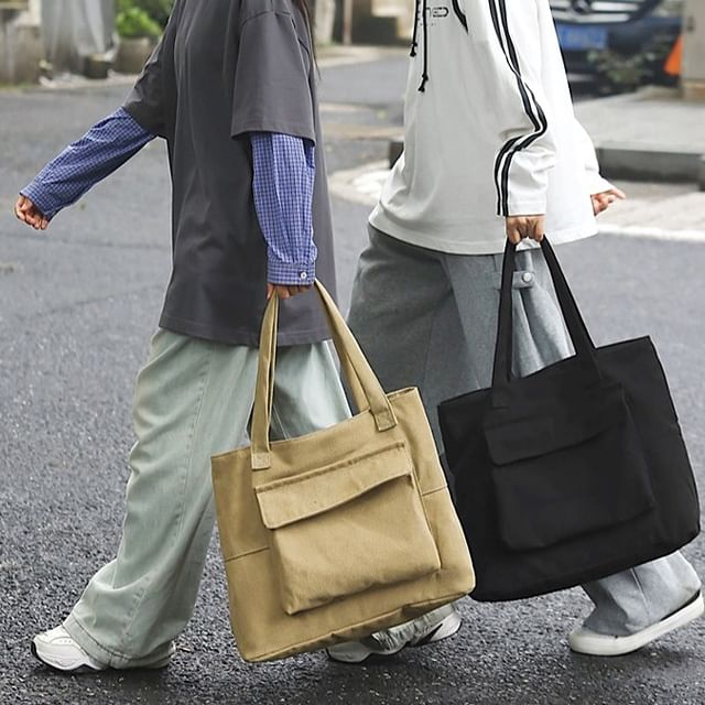 Tote Plain Flap Bag Canvas Pocket