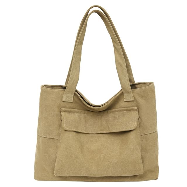Tote Plain Flap Bag Canvas Pocket