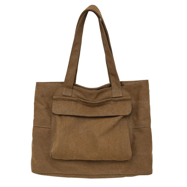 Tote Plain Flap Bag Canvas Pocket