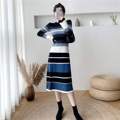 Long-Sleeve Crew Neck Striped Ribbed Knit Midi A-Line Dress