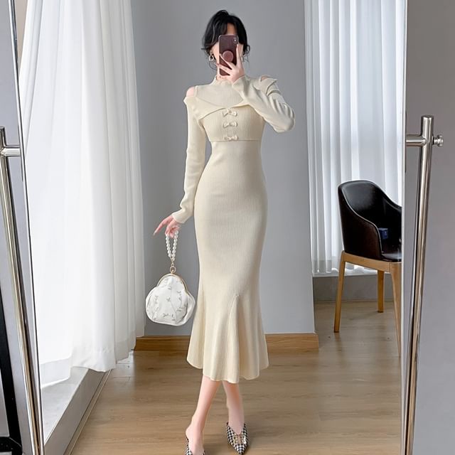 Long-Sleeve Cold-Shoulder Plain Bow Ribbed Knit Midi Mermaid Dress