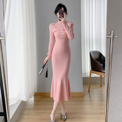 Long-Sleeve Cold-Shoulder Plain Bow Ribbed Knit Midi Mermaid Dress