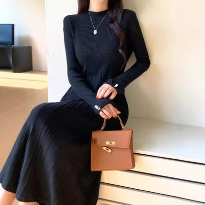 Long-Sleeve Crew Neck Plain Ribbed Knit Maxi A-Line Dress