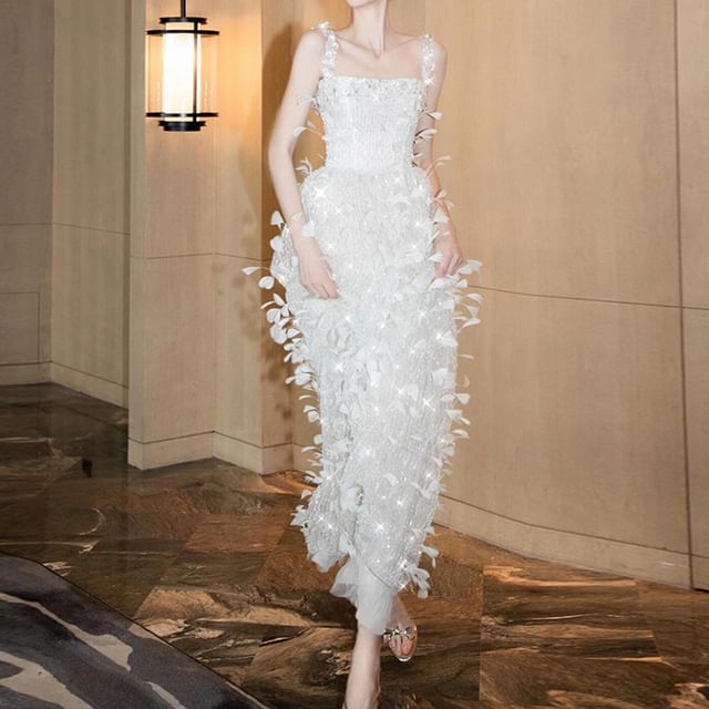 Spaghetti Strap Square Neck Sequin Feather Sheath Evening Gown