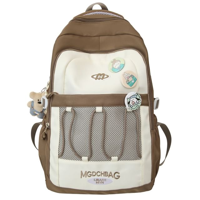 Drawstring Brooch Backpack / Nylon Set Embroidered Lettering Panel Mesh