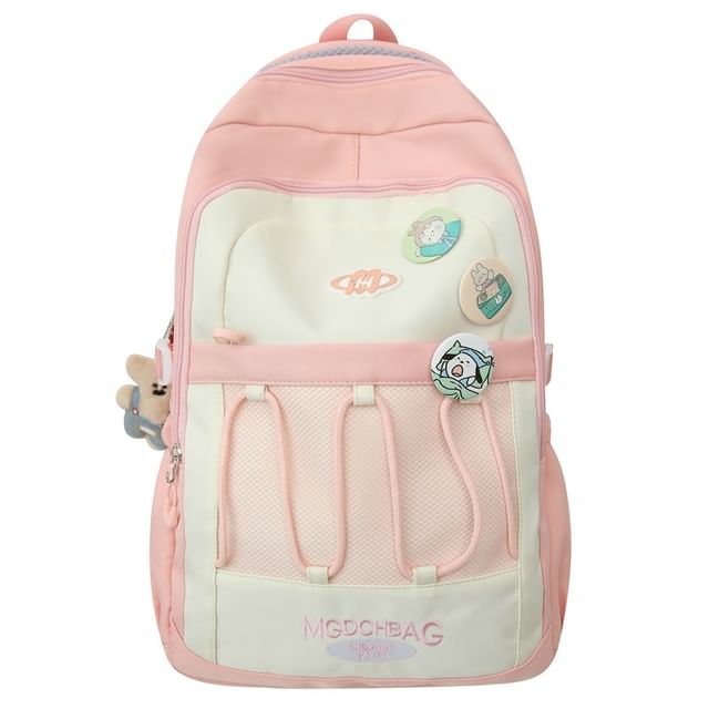 Drawstring Brooch Backpack / Nylon Set Embroidered Lettering Panel Mesh