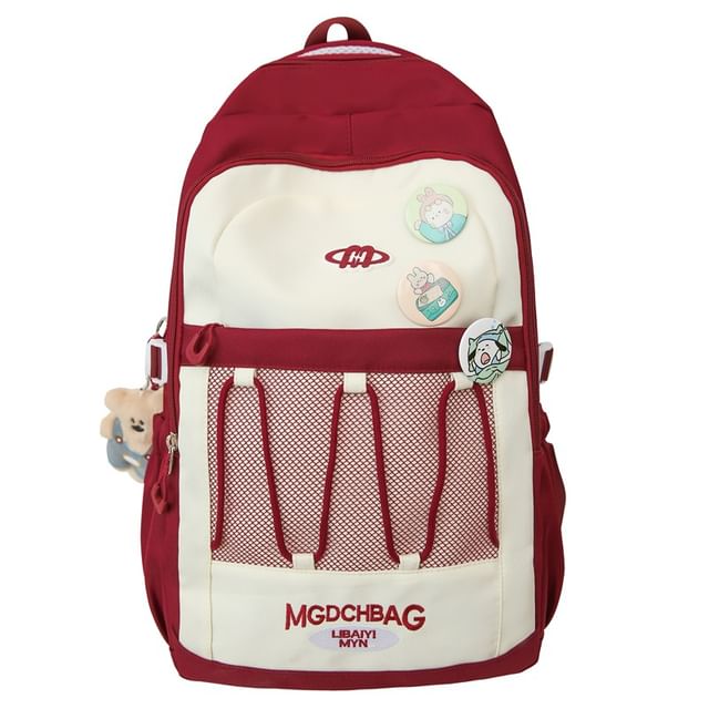 Drawstring Brooch Backpack / Nylon Set Embroidered Lettering Panel Mesh