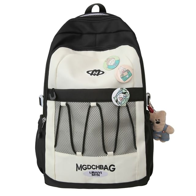 Drawstring Brooch Backpack / Nylon Set Embroidered Lettering Panel Mesh