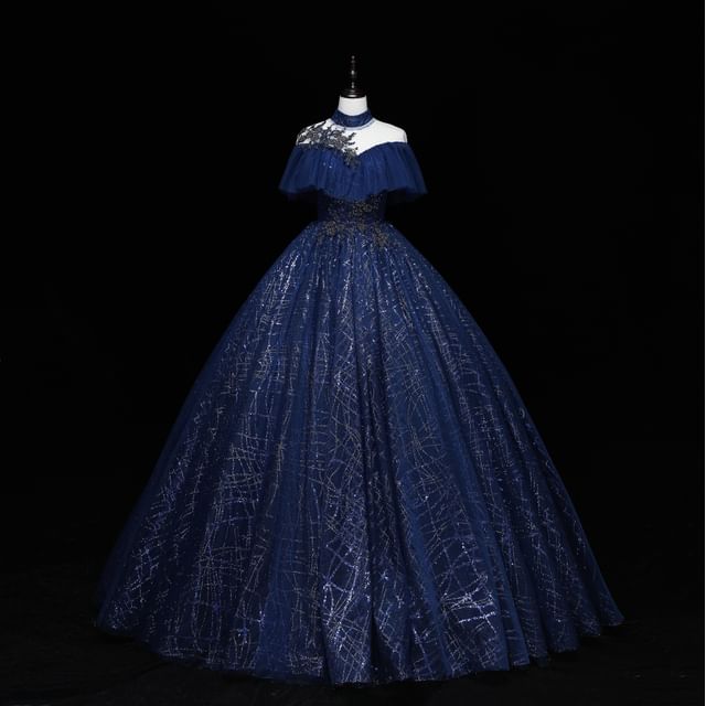 Cap-Sleeve Mock Neck Sequin Ball Gown