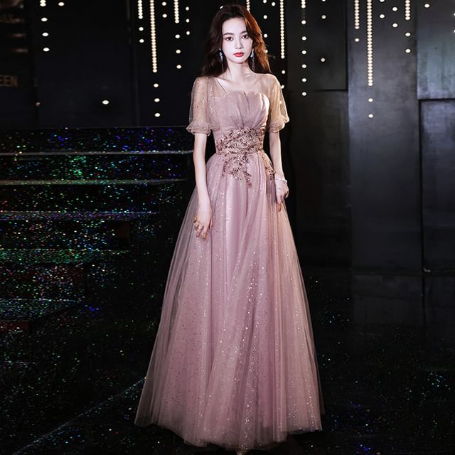 (Various Designs) Evening Gown Tulle A-Line Short-Sleeve Sequin