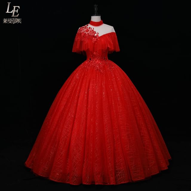 Cap-Sleeve Mock Neck Sequin Ball Gown