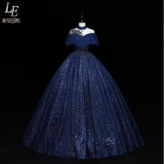 Cap-Sleeve Mock Neck Sequin Ball Gown