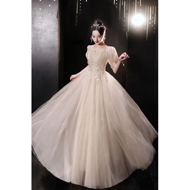Short-Sleeve Sequin Tulle A-Line Evening Gown (Various Designs)