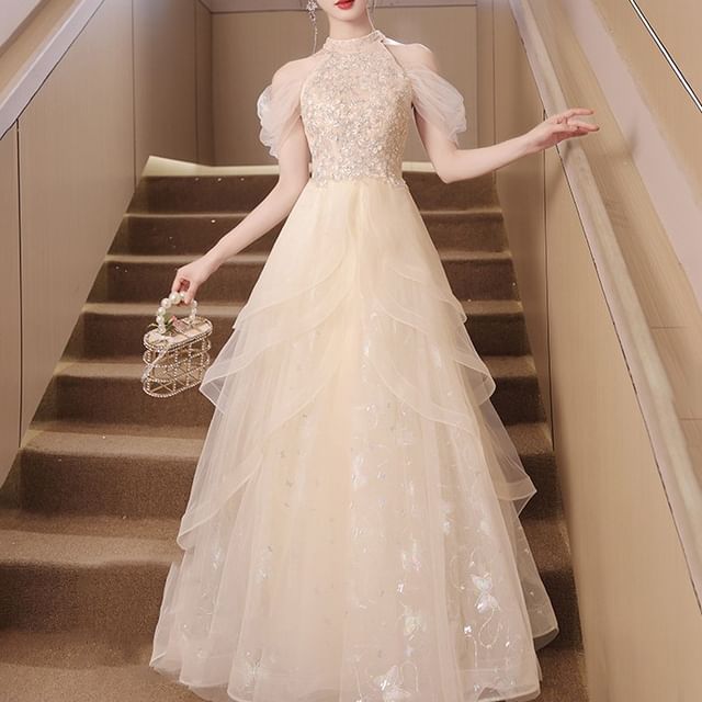 Sleeveless Cold Shoulder Sequin Panel Mesh A-Line Evening Gown