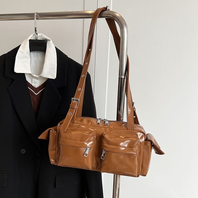Multi-Pocket Faux Leather Shoulder Bag