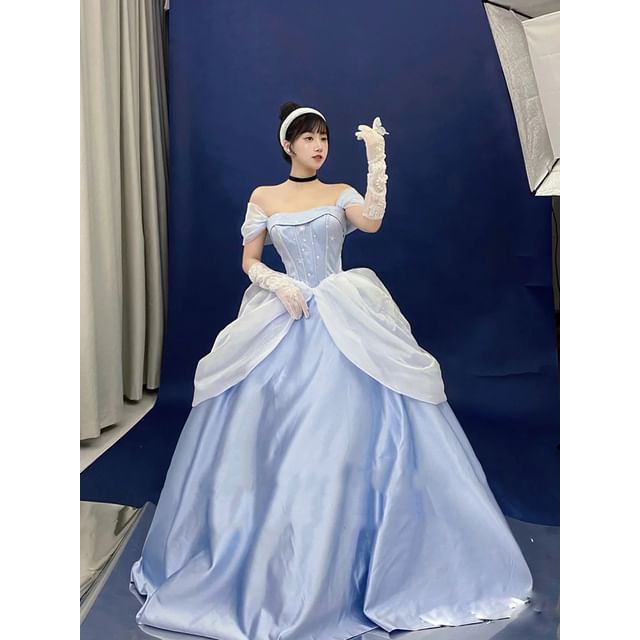 Skirt Gown Ball Star Strapless Print Puff-Sleeve Petticoat Set / A-Line