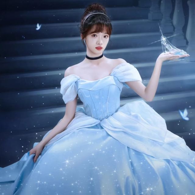 Skirt Gown Ball Star Strapless Print Puff-Sleeve Petticoat Set / A-Line