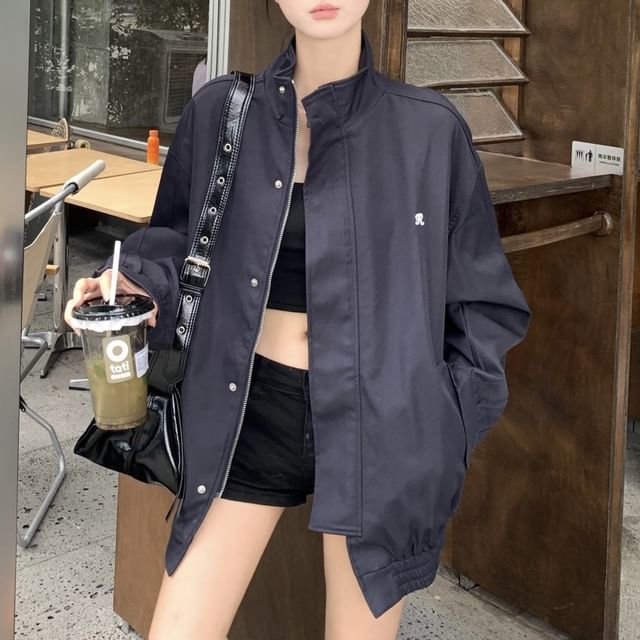 Zip Stand Jacket Collar Embroidered