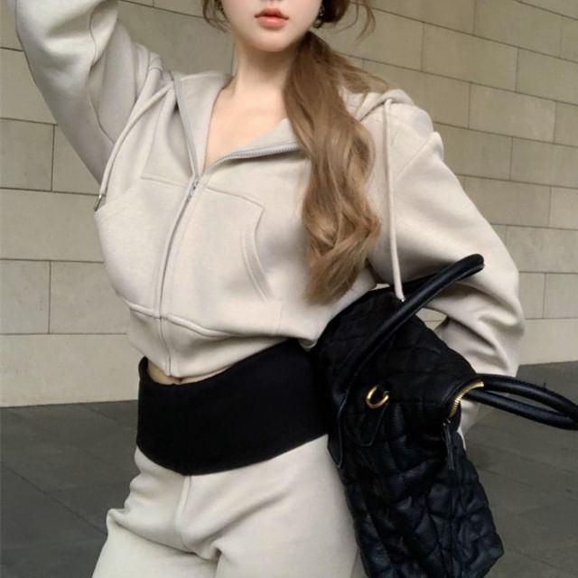 Drawstring Plain Hoodie Rise / Sweatpants Bootcut Tone High Two Zip Crop