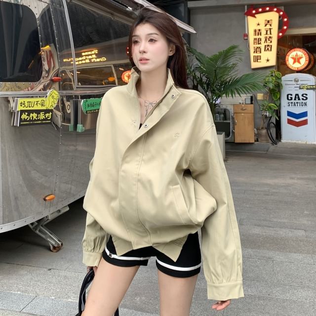 Zip Stand Jacket Collar Embroidered