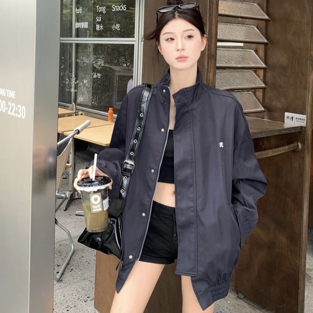 Zip Stand Jacket Collar Embroidered