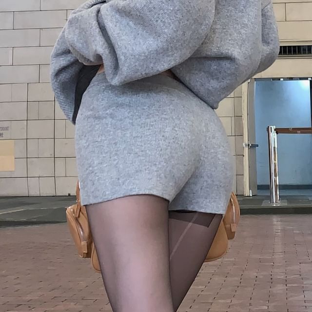 / Shorts Rise Applique Zip Knit Melange Hoodie Mid