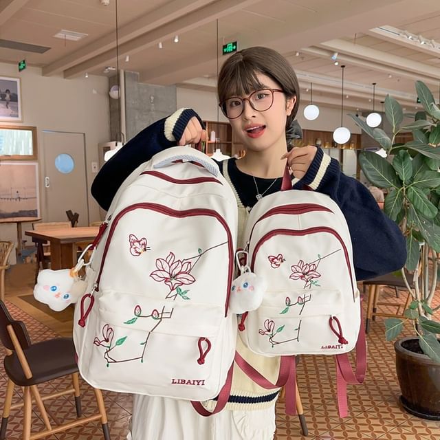 Embroidered Charm Set Backpack Floral Nylon Laptop / Bag