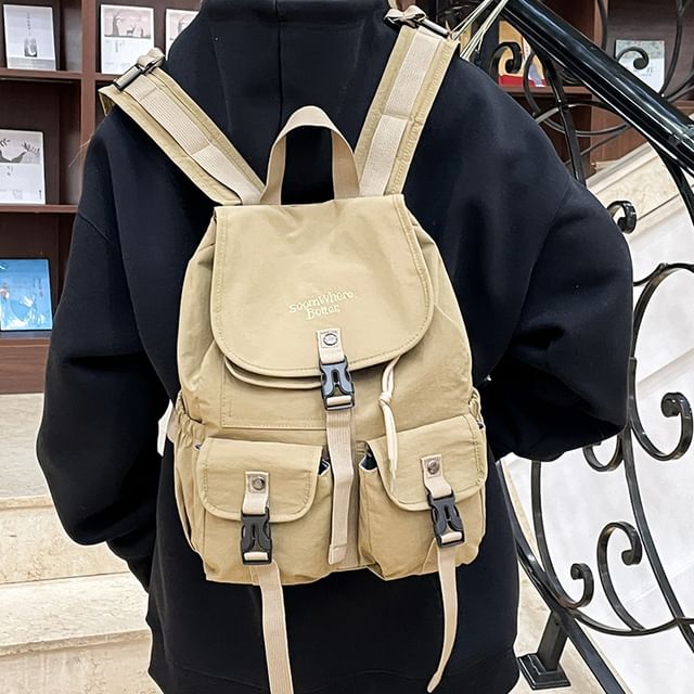 Flap Embroidered Buckled Lettering Backpack Nylon