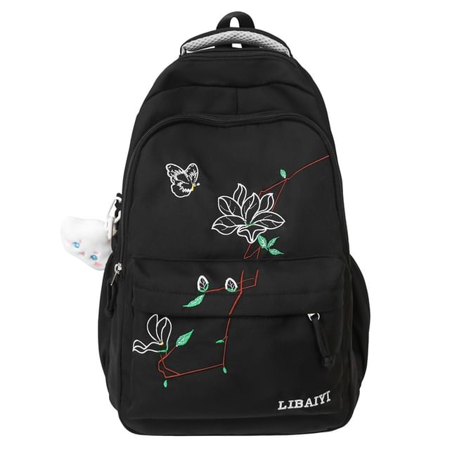 Embroidered Charm Set Backpack Floral Nylon Laptop / Bag