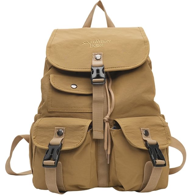 Flap Embroidered Buckled Lettering Backpack Nylon