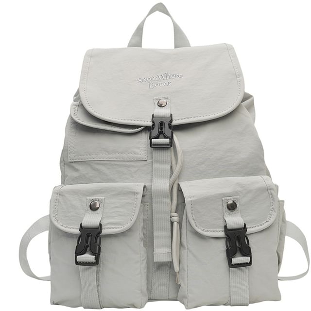 Flap Embroidered Buckled Lettering Backpack Nylon