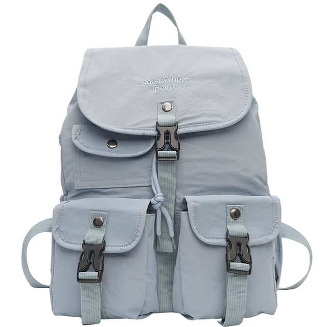 Flap Embroidered Buckled Lettering Backpack Nylon