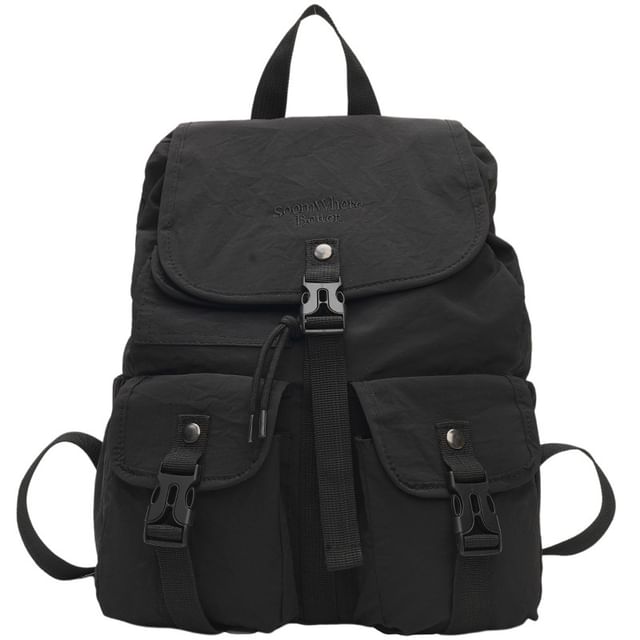 Flap Embroidered Buckled Lettering Backpack Nylon