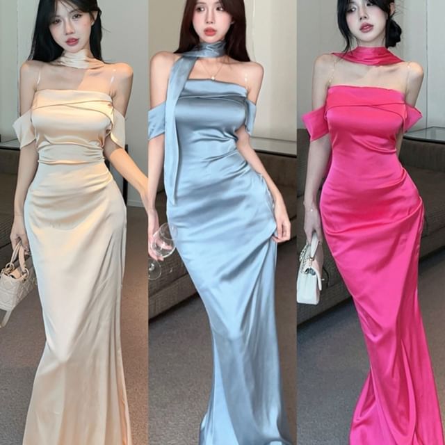 + Evening Plain Scarf Set: Satin Off-Shoulder Gown Mermaid