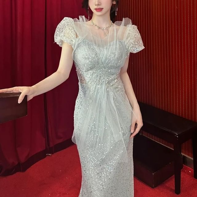 Puff-Sleeve Sequined Cutout Mermaid Evening Gown