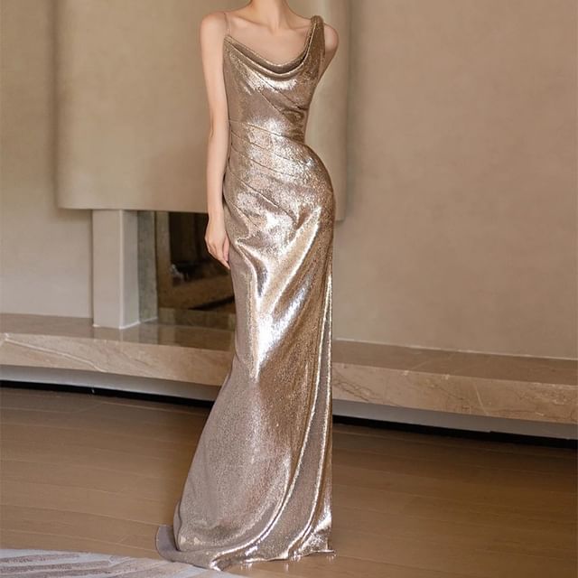 Spaghetti Strap Asymmetrical Sequined Mermaid Evening Gown