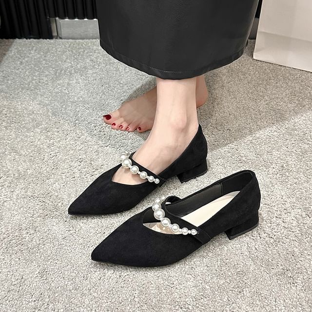Low Heel Peral Faux Strap Shoes Mary Jane Pointy