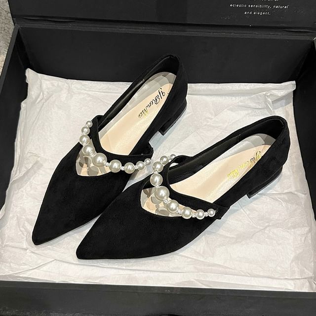 Low Heel Peral Faux Strap Shoes Mary Jane Pointy