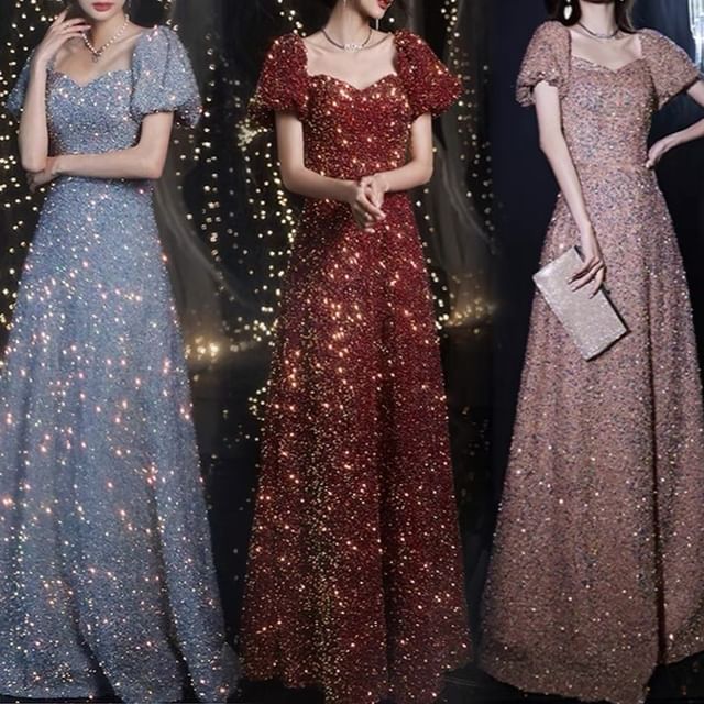 Short-Sleeve Sweetheart Neckline Sequin A-Line Evening Gown