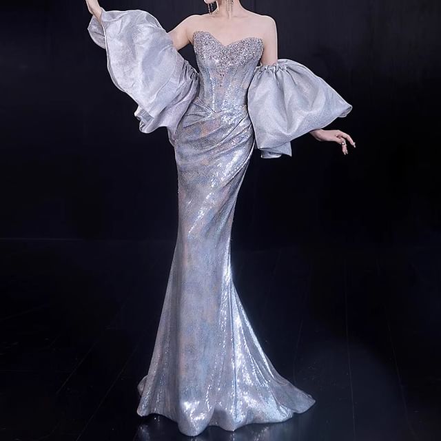 Strapless Sequin Ruched Mermaid Evening Gown