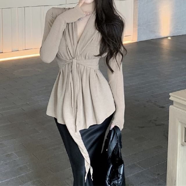 Plain Cardigan Tie Collar Waist Shawl