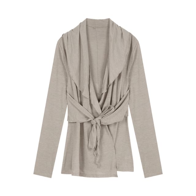Plain Cardigan Tie Collar Waist Shawl