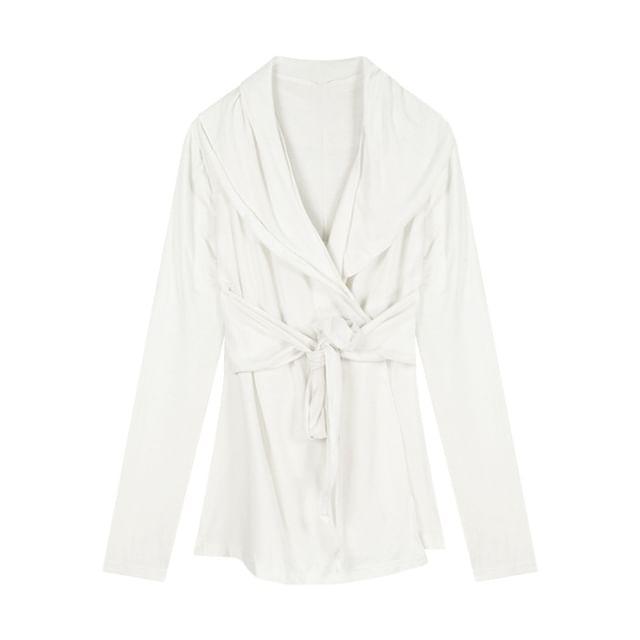 Plain Cardigan Tie Collar Waist Shawl